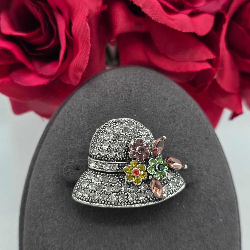 Vintage Style Silver Tone Rhinestone Flower Cloche Sun Hat Brooch Pin‎ Easter